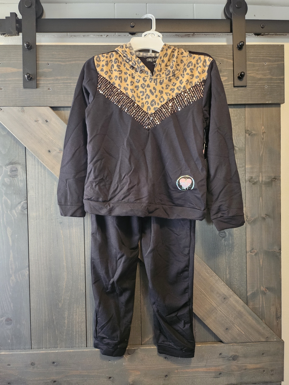 Girls' Black Leopard Print Hoodie And Pants Set